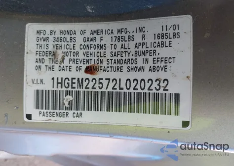 2002 Honda Civic Lx from USA, damaged, VIN 1HGEM22572L020232